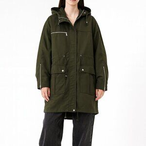 Whistles Olive Green Parka Coat M Hooded Utility Zip Pockets Minimalist Gorpcore
